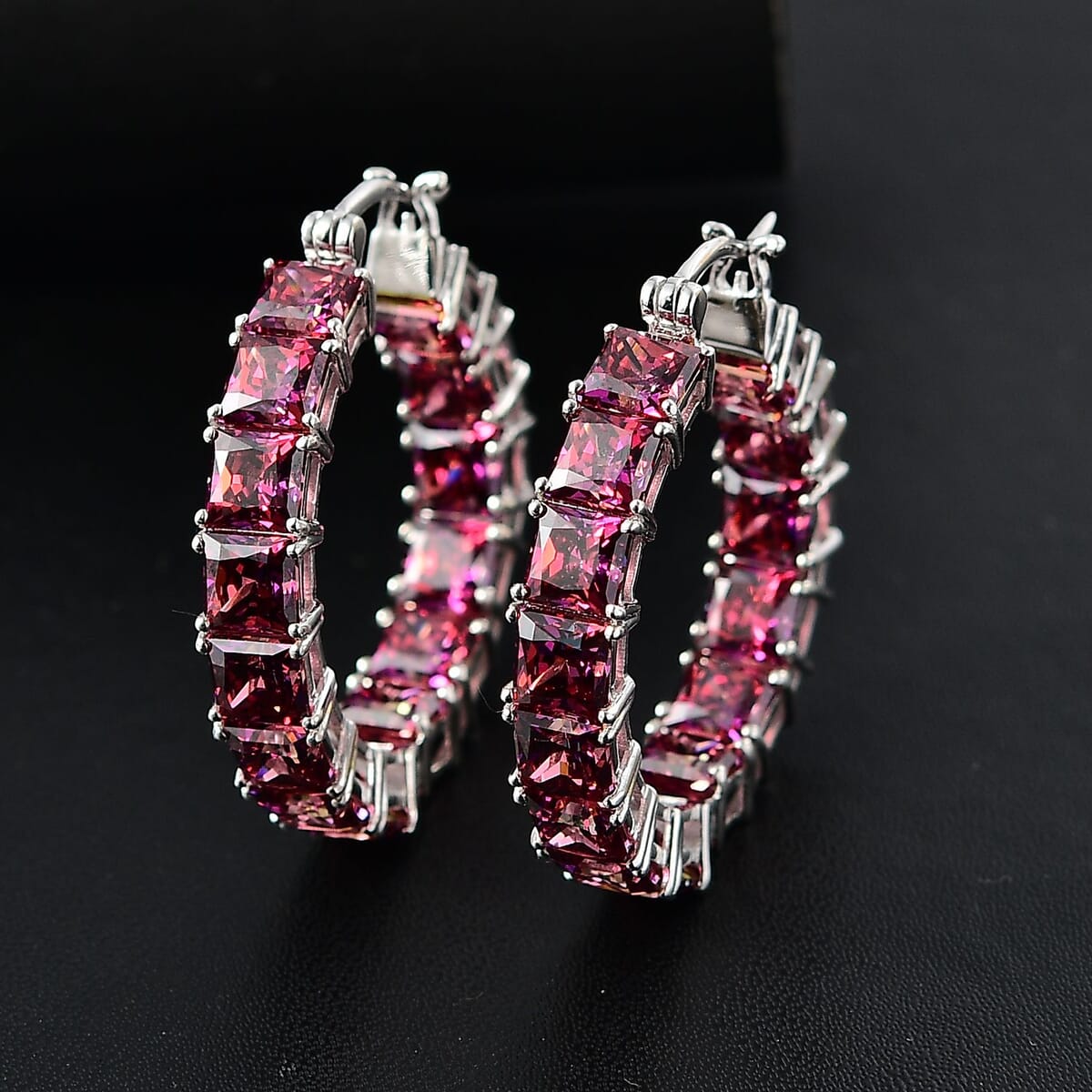 TLV J Francis Embellished with Dark Red Zirconia by Swarovski Hoop Earrings in Rhodium Over Sterling Silver 37.65 ctw image number 1