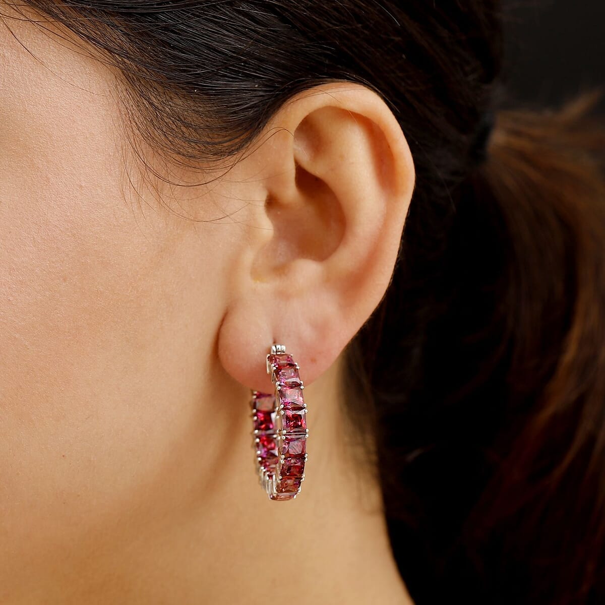TLV J Francis Embellished with Dark Red Zirconia by Swarovski Hoop Earrings in Rhodium Over Sterling Silver 37.65 ctw image number 2