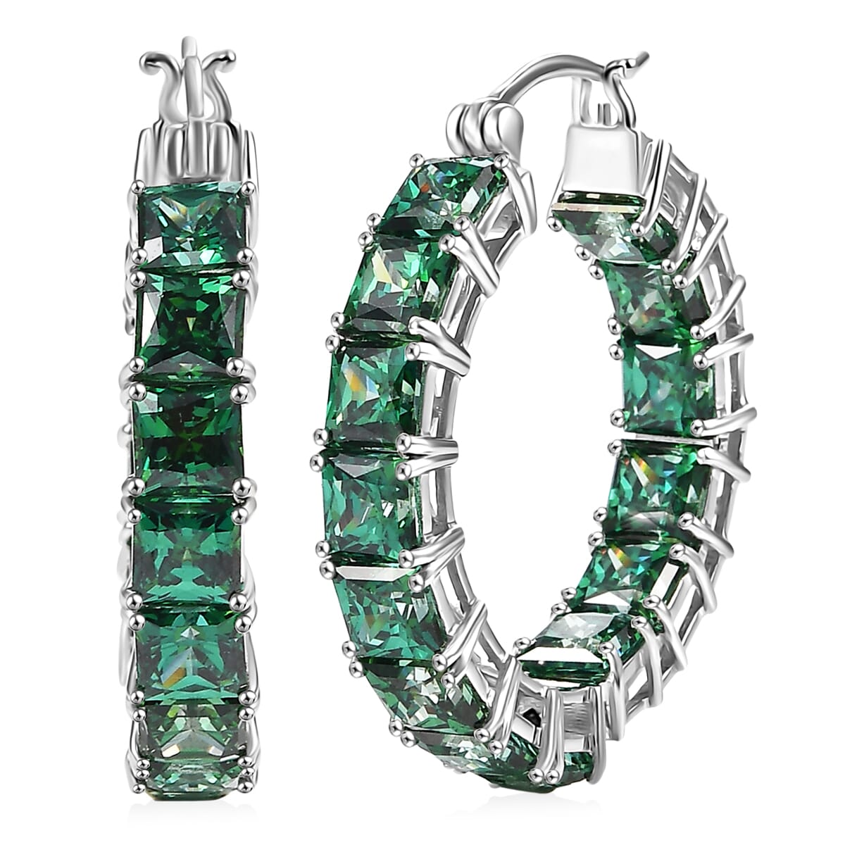 J Francis Embellished with Green Zirconia by Swarovski 37.75 ctw Hoop Earrings in Rhodium Over Sterling Silver image number 0