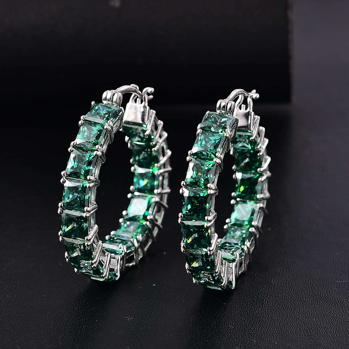 J Francis Embellished with Green Zirconia by Swarovski 37.75 ctw Hoop Earrings in Rhodium Over Sterling Silver image number 1