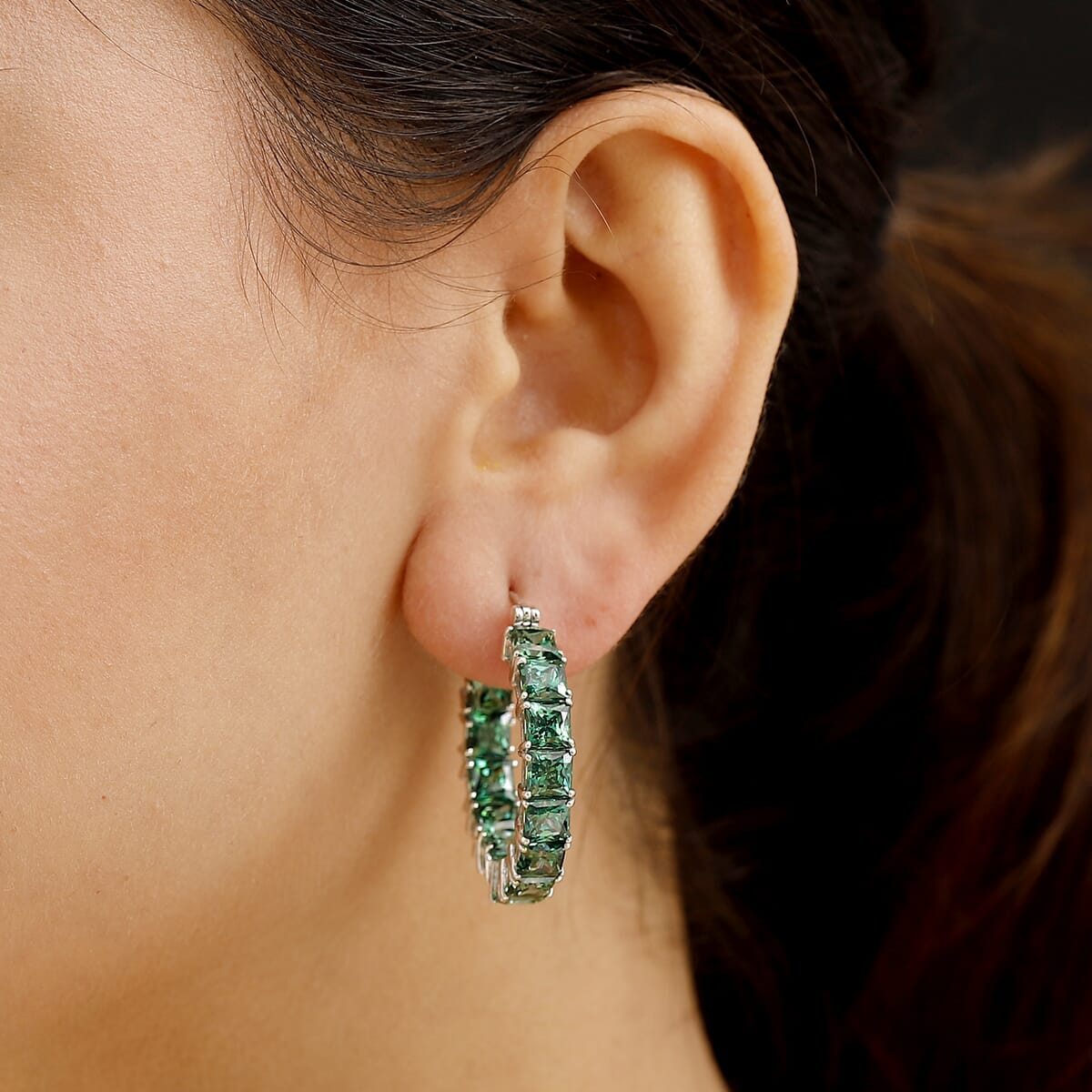 J Francis Embellished with Green Zirconia by Swarovski 37.75 ctw Hoop Earrings in Rhodium Over Sterling Silver image number 2