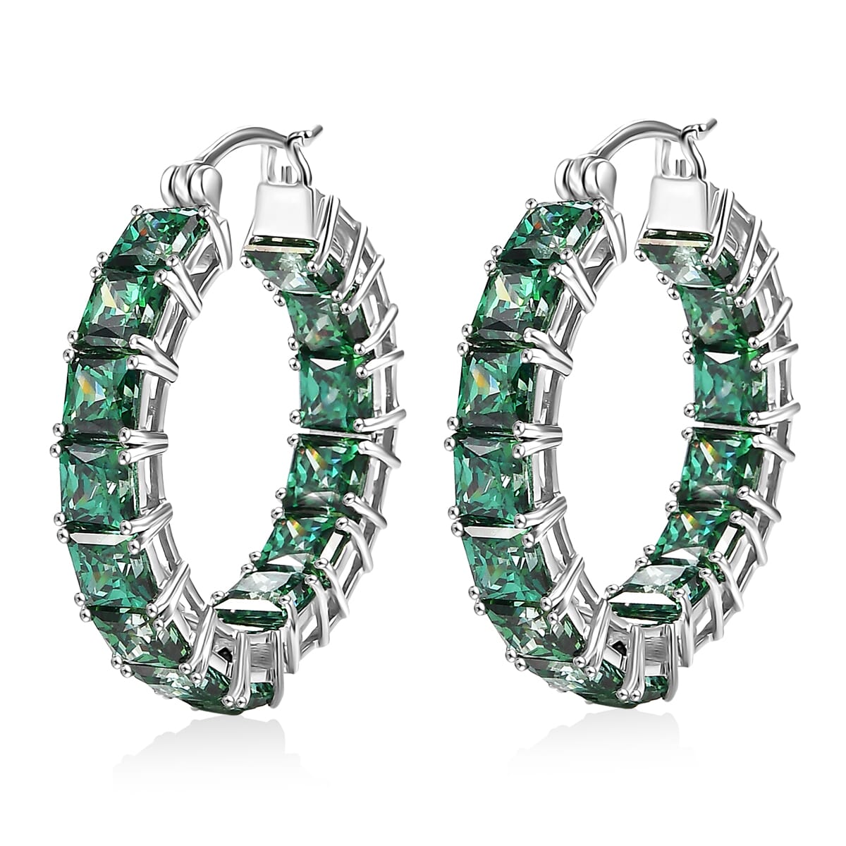 J Francis Embellished with Green Zirconia by Swarovski 37.75 ctw Hoop Earrings in Rhodium Over Sterling Silver image number 3