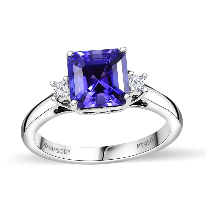 Certified & Appraised Rhapsody 950 Platinum Asscher Cut AAAA Tanzanite, Diamond (E-F, VS) Ring (Size 6.5) (4.88 g) 2.14 ctw