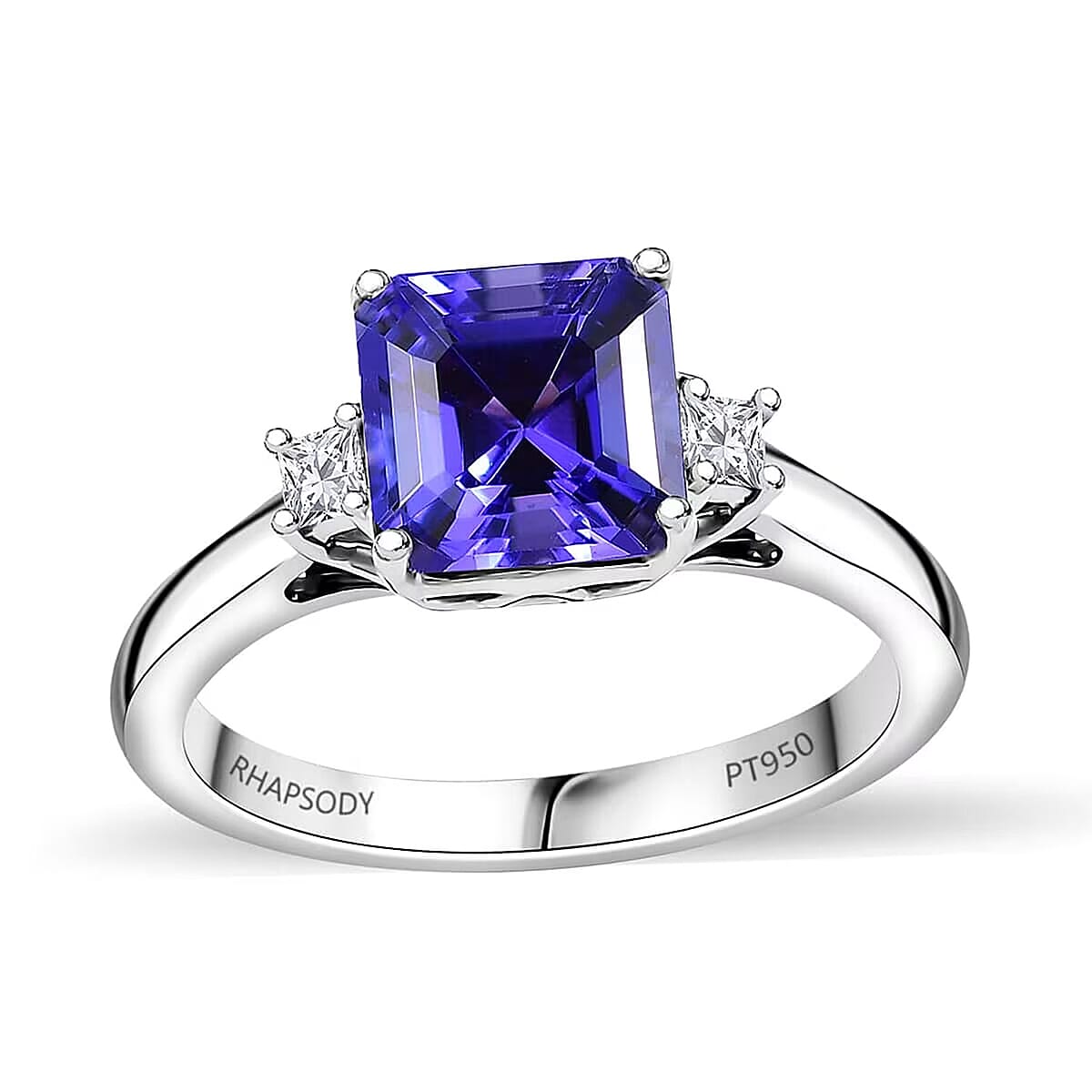 Certified & Appraised Rhapsody 950 Platinum Asscher Cut AAAA Tanzanite, Diamond (E-F, VS) Ring (Size 9.5) (4.88 g) 2.14 ctw image number 0