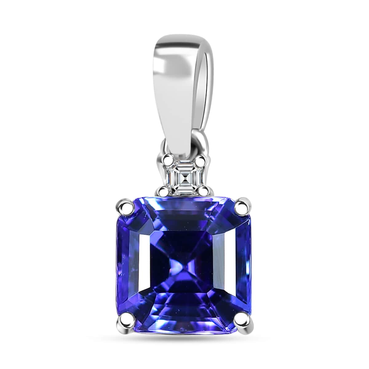 Doorbuster Certified & Appraised Rhapsody Asscher Cut AAAA Tanzanite and E-F VS Diamond 2.00 ctw Pendant in 950 Platinum  image number 0