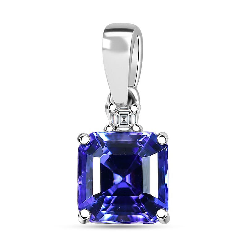Certified & Appraised Rhapsody Asscher Cut AAAA Tanzanite and E-F VS Diamond 2.00 ctw Pendant without Chain in 950 Platinum