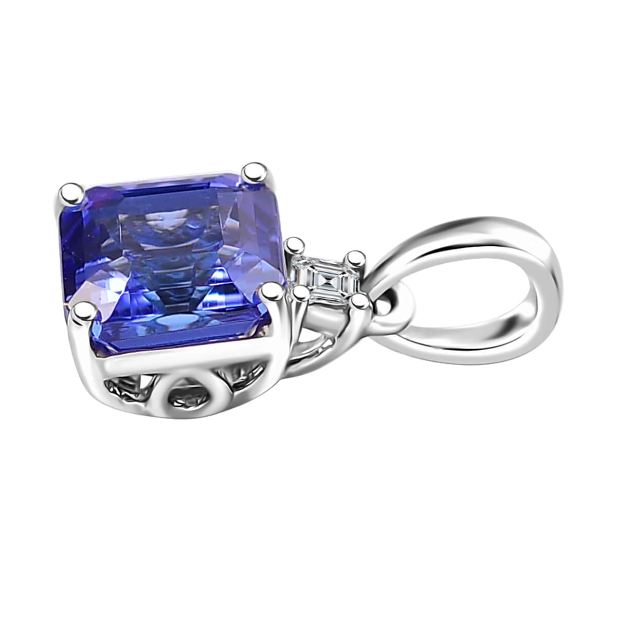 Doorbuster Certified & Appraised Rhapsody Asscher Cut AAAA Tanzanite and E-F VS Diamond 2.00 ctw Pendant in 950 Platinum  image number 3