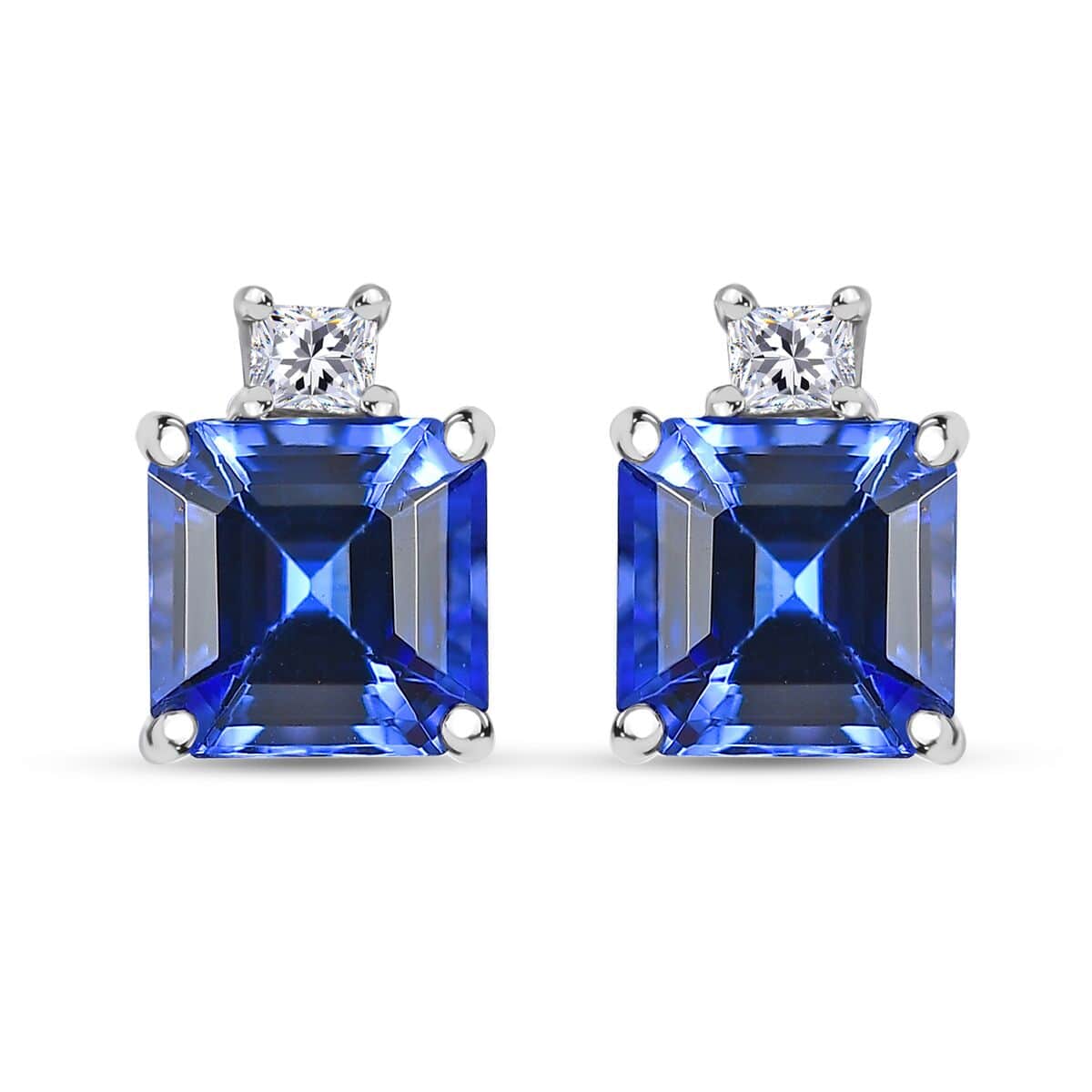 Doorbuster Certified & Appraised Rhapsody Asscher Cut AAAA Tanzanite and E-F VS Diamond 2.69 ctw Earrings in 950 Platinum image number 0