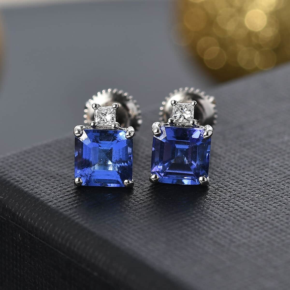 Doorbuster Certified & Appraised Rhapsody Asscher Cut AAAA Tanzanite and E-F VS Diamond 2.69 ctw Earrings in 950 Platinum image number 1