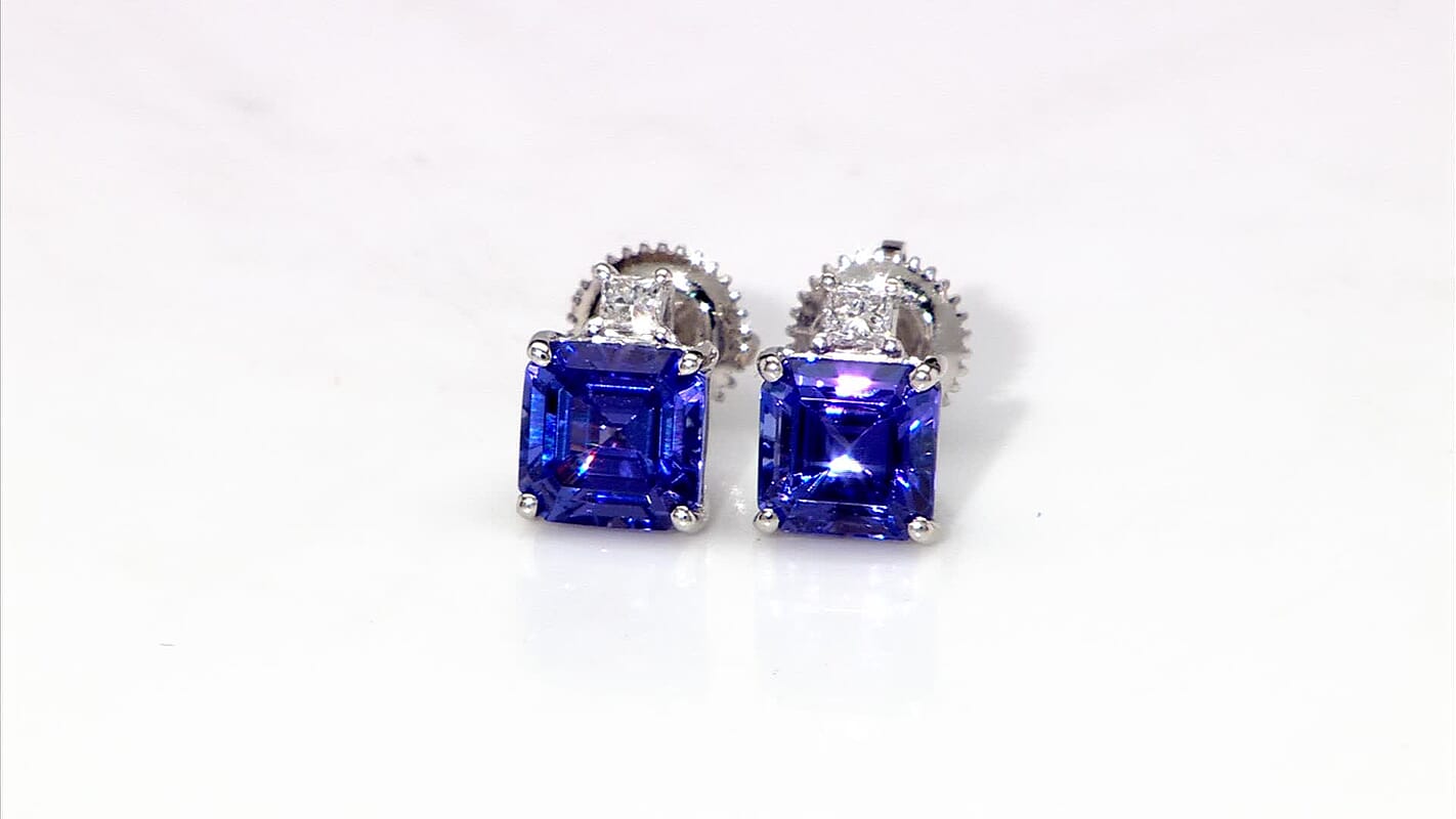 Certified & Appraised Rhapsody Asscher Cut AAAA Tanzanite and E-F VS Diamond 2.69 ctw Earrings in 950 Platinum