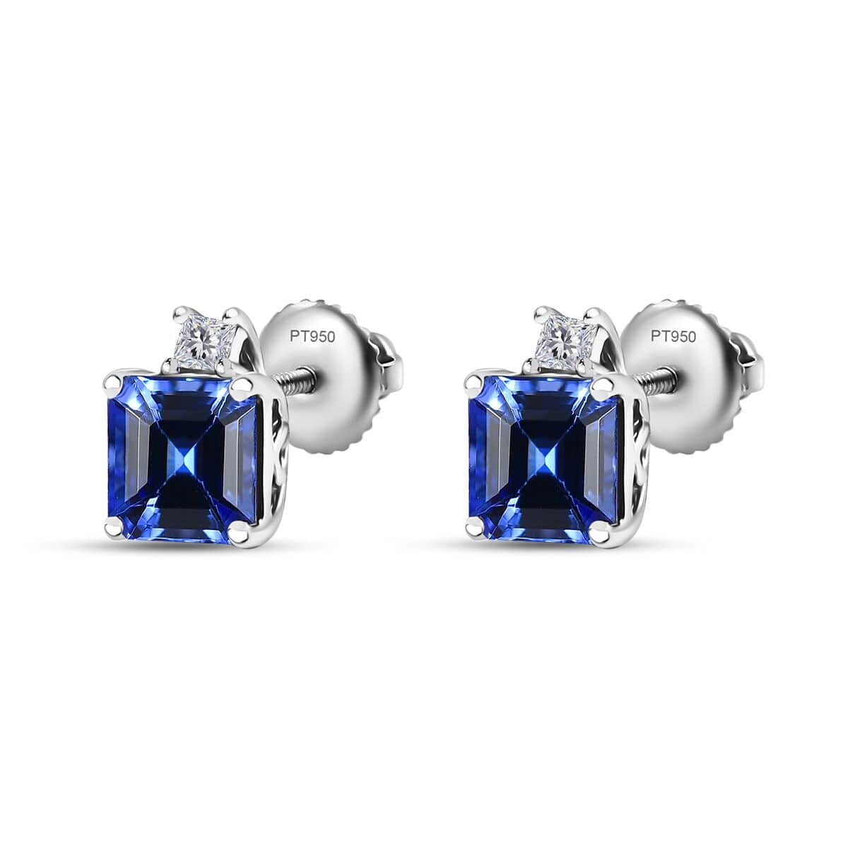 Doorbuster Certified & Appraised Rhapsody Asscher Cut AAAA Tanzanite and E-F VS Diamond 2.69 ctw Earrings in 950 Platinum image number 3