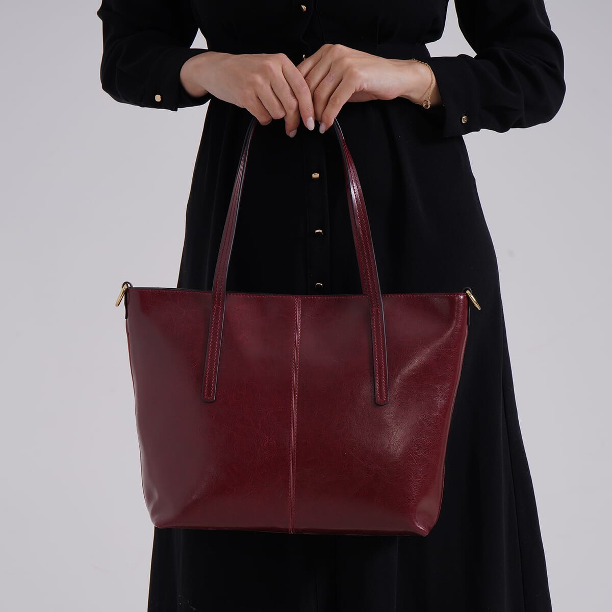 Closeout Deal Burgundy Genuine Leather Tote Bag image number 2