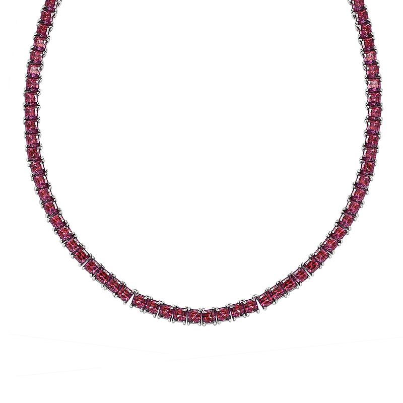 J Francis Embellished with Dark Red Zirconia by Swarovski 98.00 ctw Iconic Tennis Necklace 18 Inches in Rhodium Over Sterling Silver