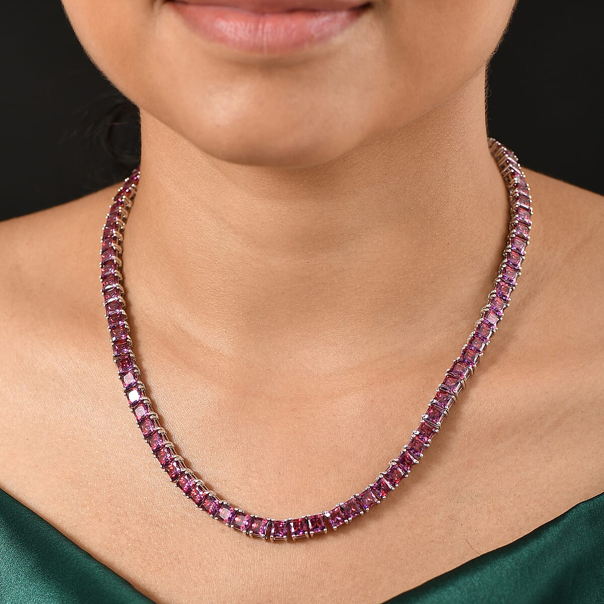J Francis Embellished with Dark Red Zirconia by Swarovski 98.00 ctw Iconic Tennis Necklace 18 Inches in Rhodium Over Sterling Silver image number 2