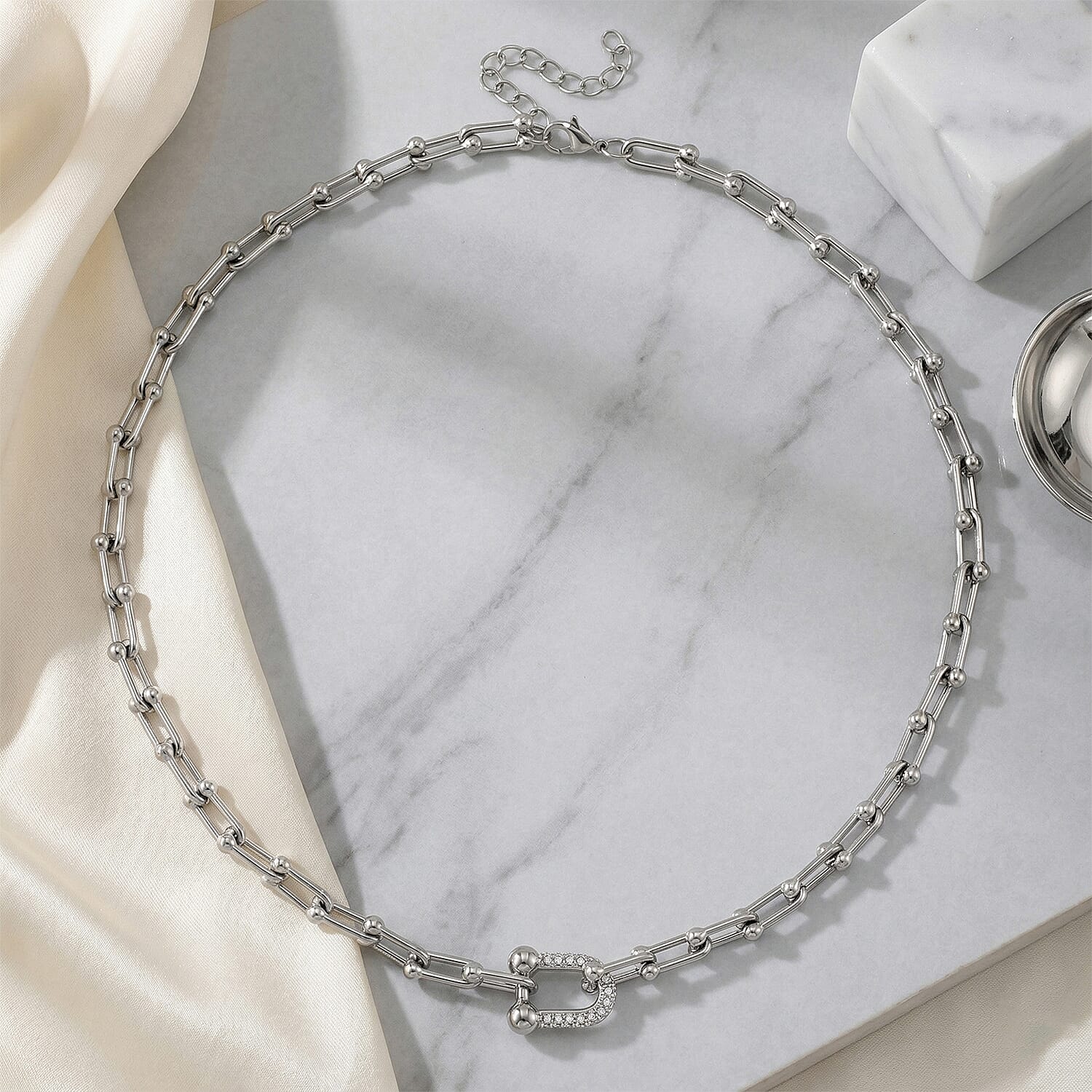 White Austrian Crystal U Link Horseshoe Necklace 18-20 Inches in Stainless Steel