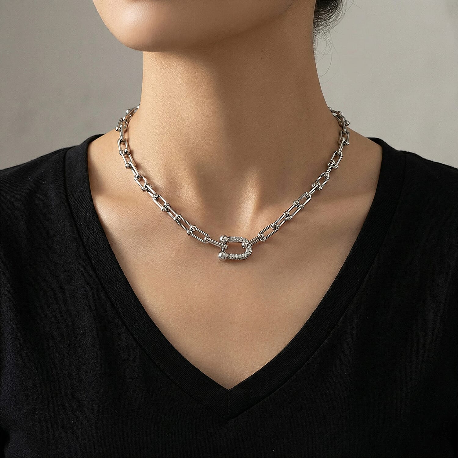 White Austrian Crystal U Link Horseshoe Necklace 18-20 Inches in Stainless Steel