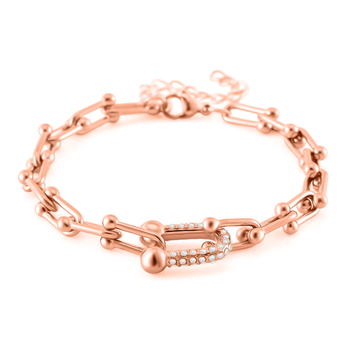 White Austrian Crystal U Link Horseshoe Bracelet in ION Plated RG Stainless Steel (7.5-9.5In) image number 0