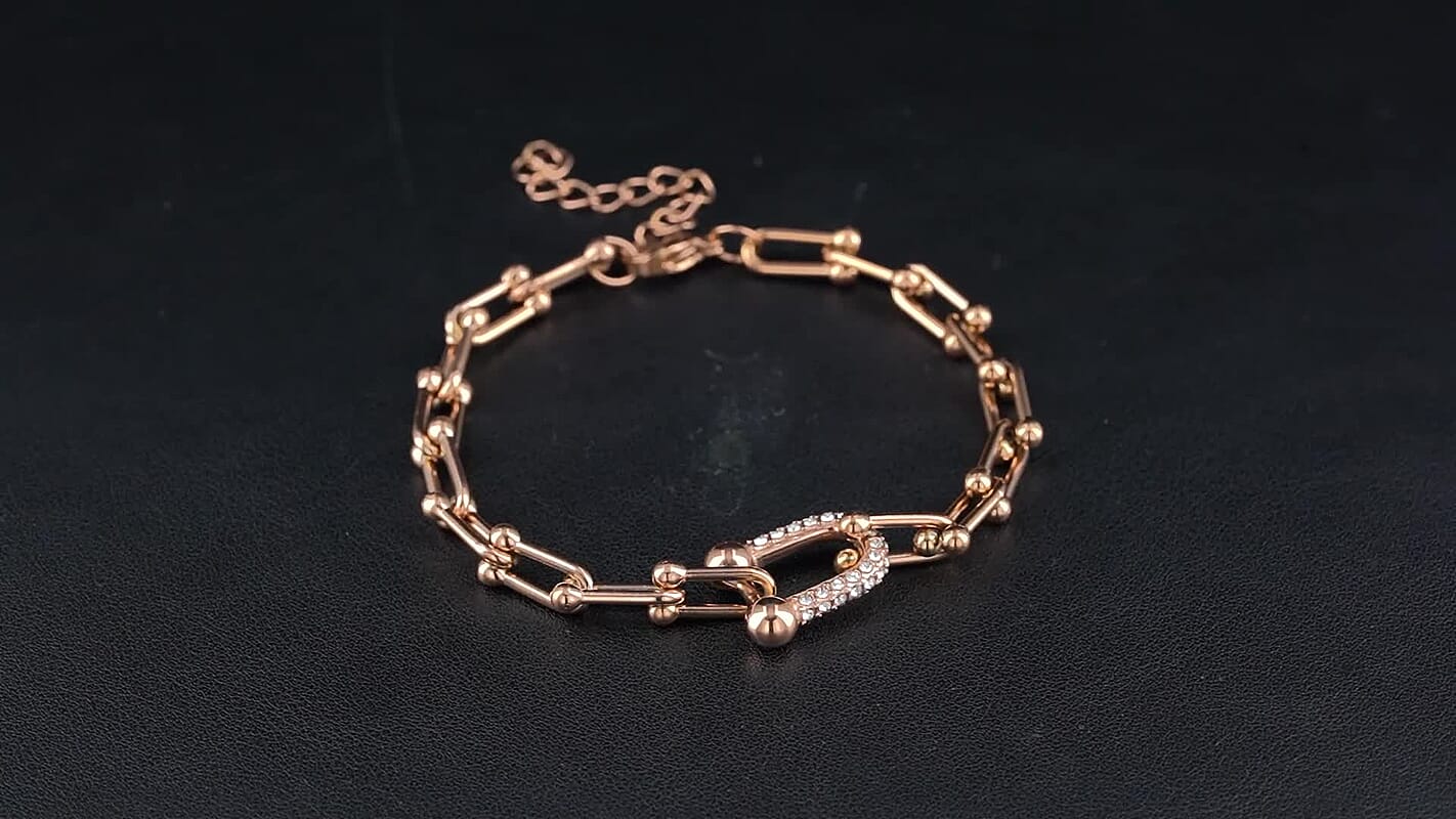 White Austrian Crystal Bracelet in ION Plated RG Stainless Steel (7.5-9.5In)