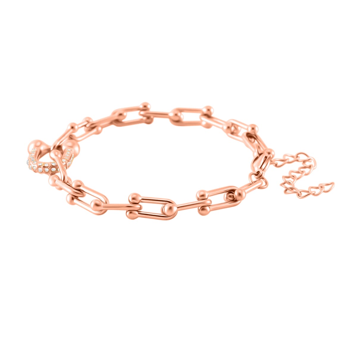 White Austrian Crystal U Link Horseshoe Bracelet in ION Plated RG Stainless Steel (7.5-9.5In) image number 2