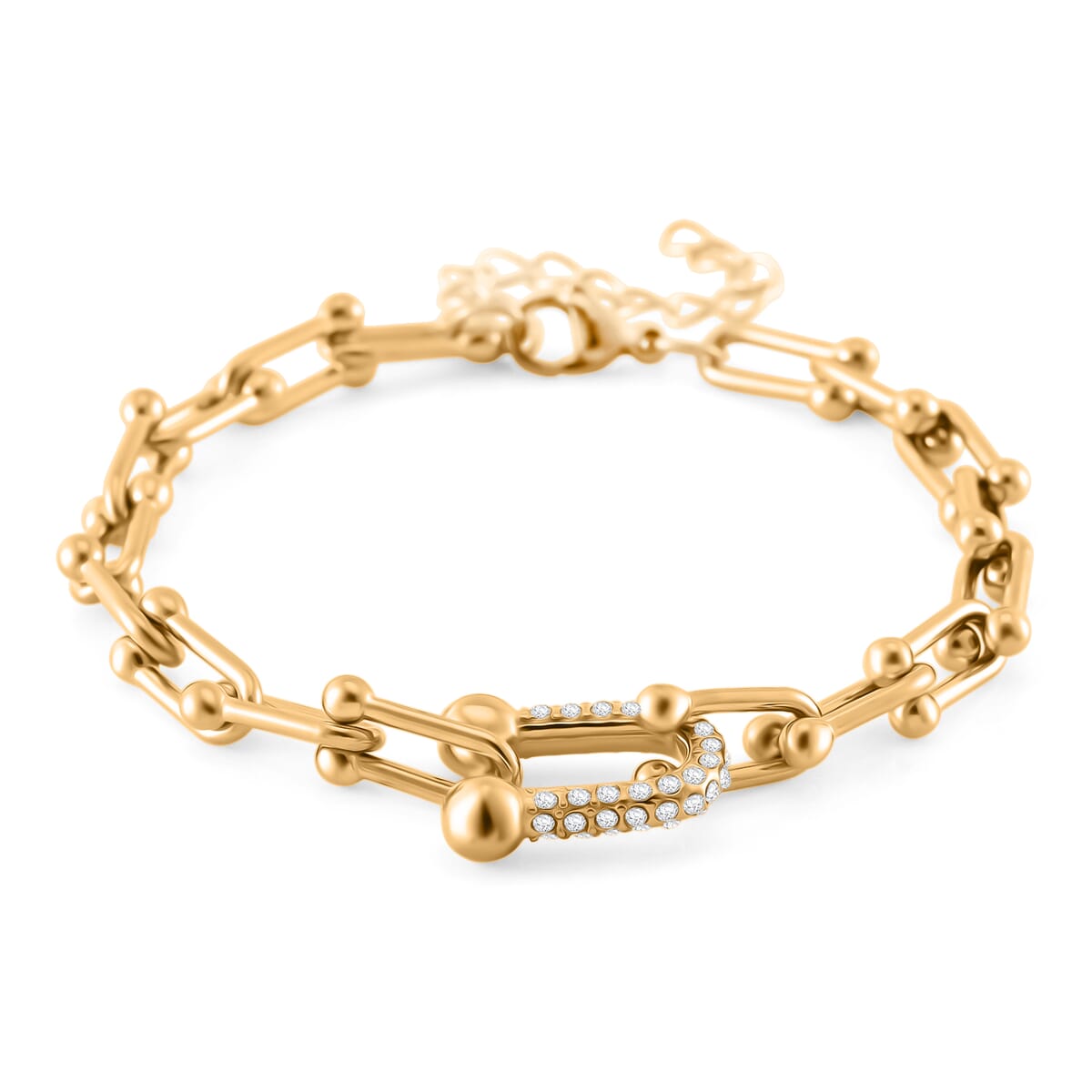 White Austrian Crystal U Link Horseshoe Bracelet in ION Plated YG Stainless Steel (7.5-9.5In) image number 0