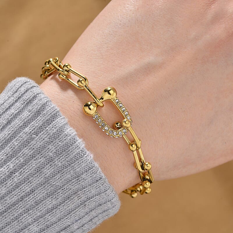 White Austrian Crystal U Link Horseshoe Bracelet in ION Plated YG Stainless Steel (7.5-9.5In)