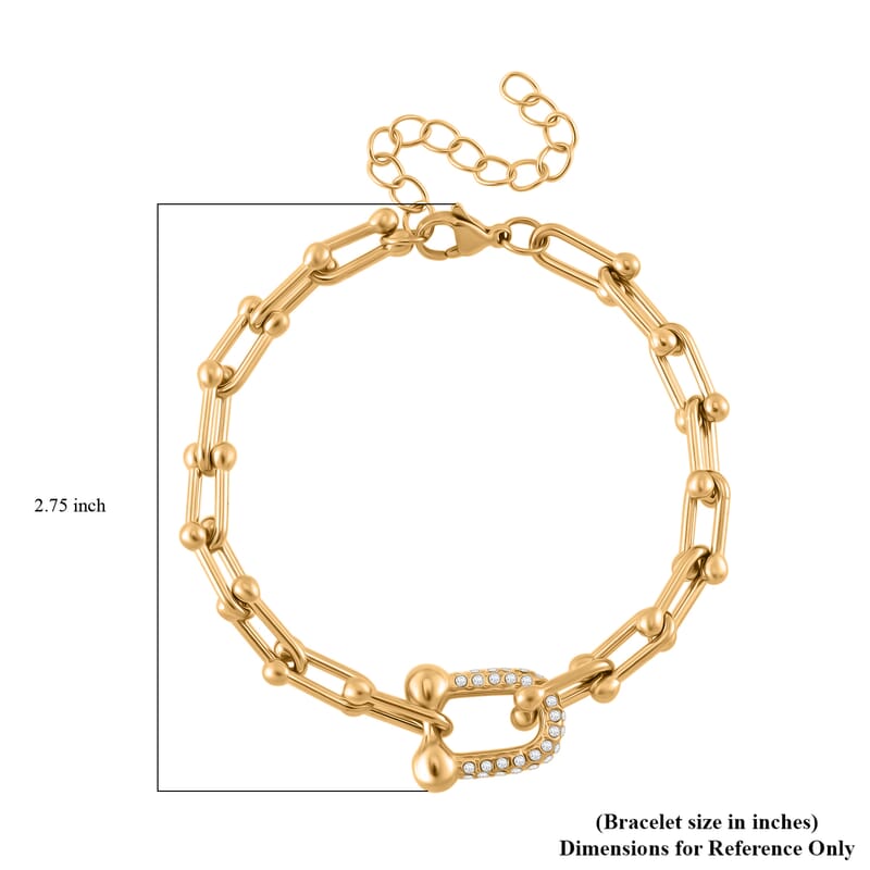 White Austrian Crystal U Link Horseshoe Bracelet in ION Plated YG Stainless Steel (7.5-9.5In)