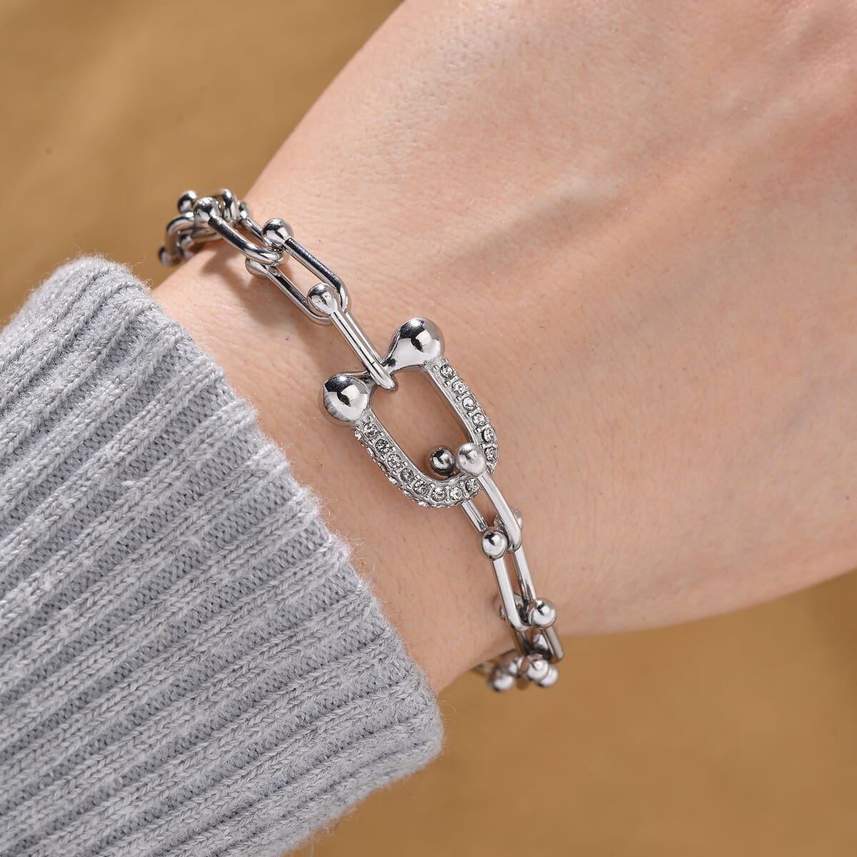 White Austrian Crystal U Link Horseshoe Bracelet in Stainless Steel (7.5-9.5In) image number 1