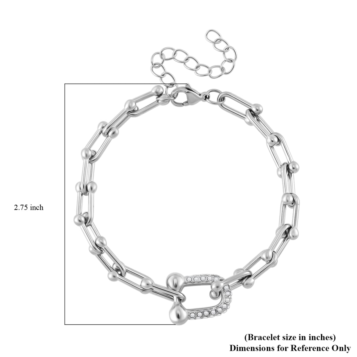 White Austrian Crystal U Link Horseshoe Bracelet in Stainless Steel (7.5-9.5In) image number 4