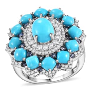 Sleeping Beauty Turquoise and Multi Gemstone 7.15 ctw Floral Ring in Rhodium Over Sterling Silver (Size 10.0)