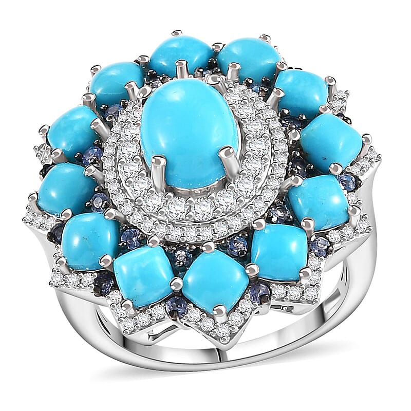D'Joy Sleeping Beauty Turquoise and Multi Gemstone 7.15 ctw Floral Ring in Rhodium Over Sterling Silver (Size 10.0)