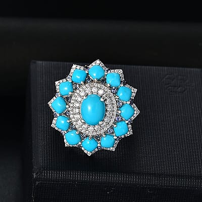 D'Joy Sleeping Beauty Turquoise and Multi Gemstone 7.15 ctw Floral Ring in Rhodium Over Sterling Silver (Size 10.0)
