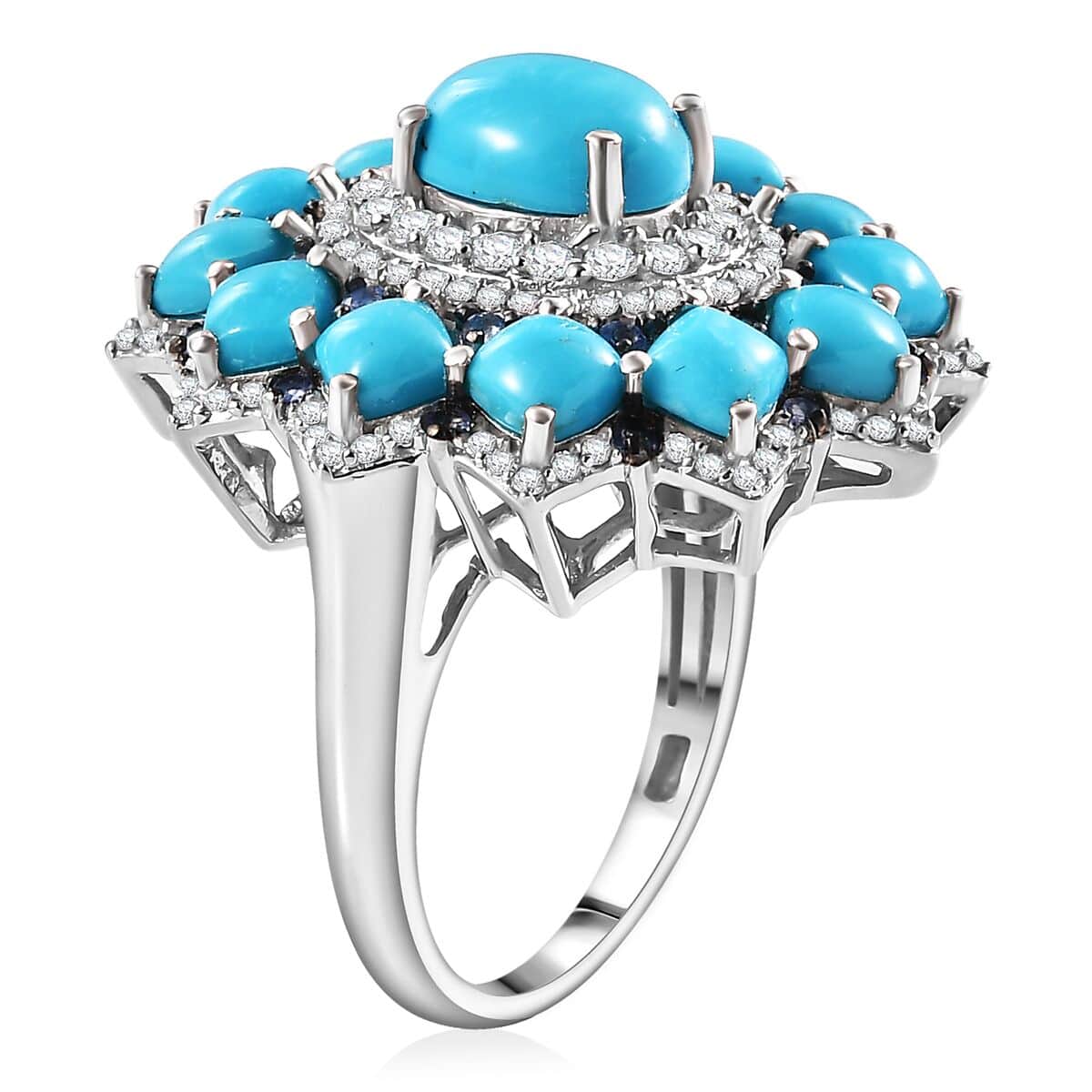 Sleeping Beauty Turquoise and Multi Gemstone 7.15 ctw Floral Ring in Rhodium Over Sterling Silver (Size 10.0) image number 3