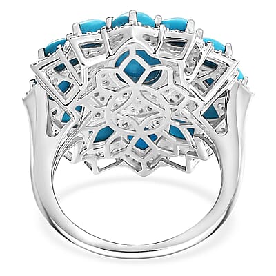 D'Joy Sleeping Beauty Turquoise and Multi Gemstone 7.15 ctw Floral Ring in Rhodium Over Sterling Silver (Size 10.0)