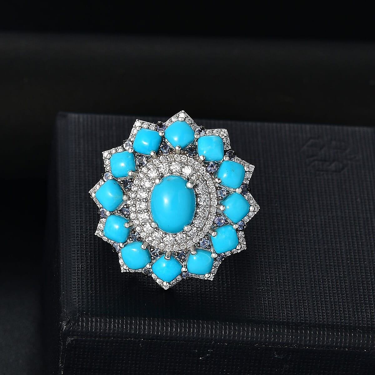 Sleeping Beauty Turquoise and Multi Gemstone 7.15 ctw Floral Ring in Rhodium Over Sterling Silver (Size 7.0) image number 1