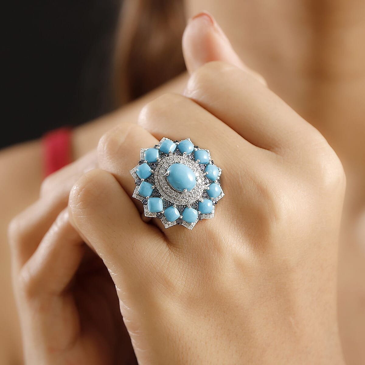 Sleeping Beauty Turquoise and Multi Gemstone 7.15 ctw Floral Ring in Rhodium Over Sterling Silver (Size 7.0) image number 2