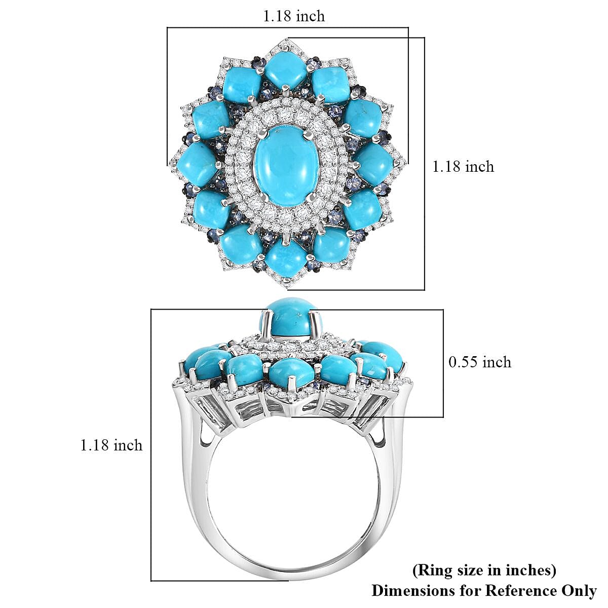 Sleeping Beauty Turquoise and Multi Gemstone 7.15 ctw Floral Ring in Rhodium Over Sterling Silver (Size 7.0) image number 5