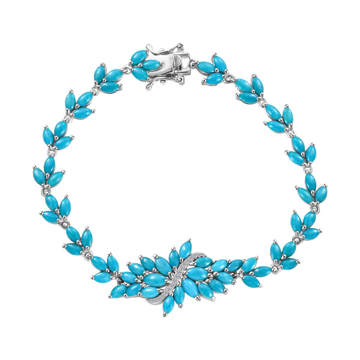 Sleeping Beauty Turquoise and Moissanite 10.25 ctw Vine Bracelet in Rhodium Over Sterling Silver (7.25 In) image number 0