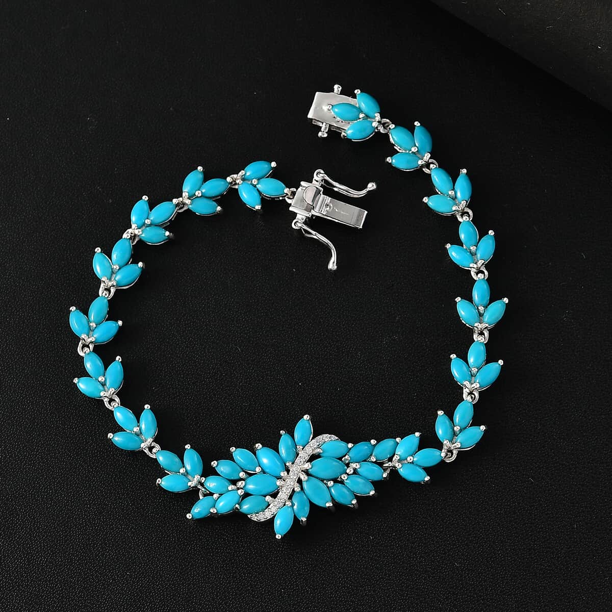 Sleeping Beauty Turquoise and Moissanite 10.25 ctw Vine Bracelet in Rhodium Over Sterling Silver (7.25 In) image number 1