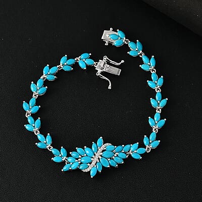 D'Joy Sleeping Beauty Turquoise and Moissanite 10.25 ctw Vine Bracelet in Rhodium Over Sterling Silver (7.25 In)
