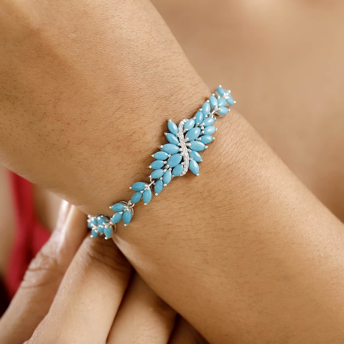 Sleeping Beauty Turquoise and Moissanite 10.25 ctw Vine Bracelet in Rhodium Over Sterling Silver (7.25 In) image number 2