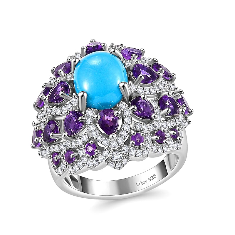 D'Joy Sleeping Beauty Turquoise and Multi Gemstone 6.40 ctw Lotus Ring in Rhodium Over Sterling Silver (Size 10.0)