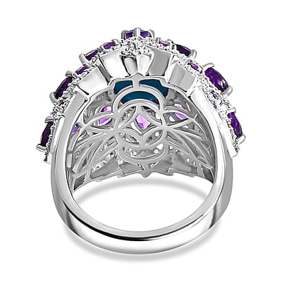 D'Joy Sleeping Beauty Turquoise and Multi Gemstone 6.40 ctw Lotus Ring in Rhodium Over Sterling Silver (Size 10.0)