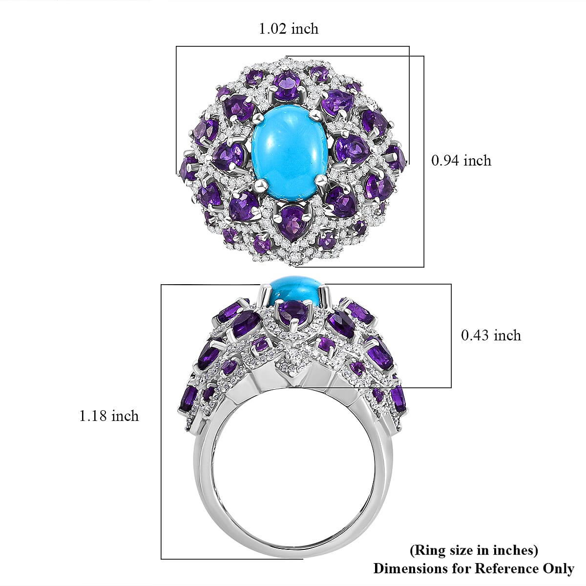 D'Joy Sleeping Beauty Turquoise and Multi Gemstone 6.40 ctw Lotus Ring in Rhodium Over Sterling Silver (Size 10.0) image number 5