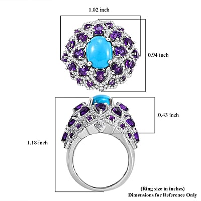 D'Joy Sleeping Beauty Turquoise and Multi Gemstone 6.40 ctw Lotus Ring in Rhodium Over Sterling Silver (Size 10.0)