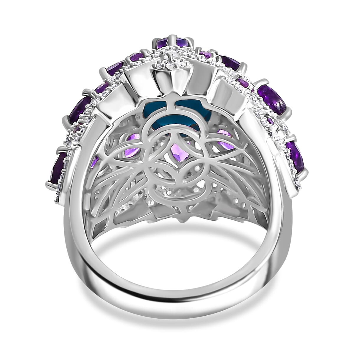 Sleeping Beauty Turquoise and Multi Gemstone 6.40 ctw Lotus Ring in Rhodium Over Sterling Silver (Size 7.0) image number 4