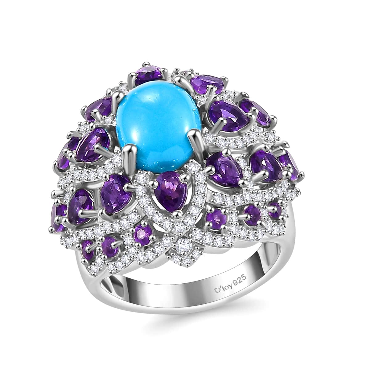 Sleeping Beauty Turquoise and Multi Gemstone 6.40 ctw Lotus Ring in Rhodium Over Sterling Silver (Size 8.0) image number 0