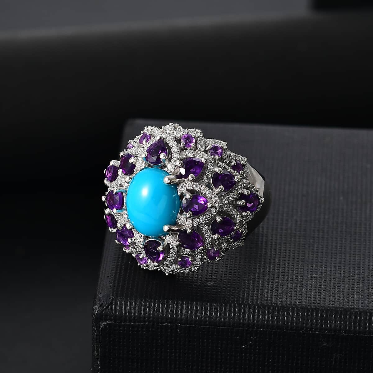 Sleeping Beauty Turquoise and Multi Gemstone 6.40 ctw Lotus Ring in Rhodium Over Sterling Silver (Size 8.0) image number 1