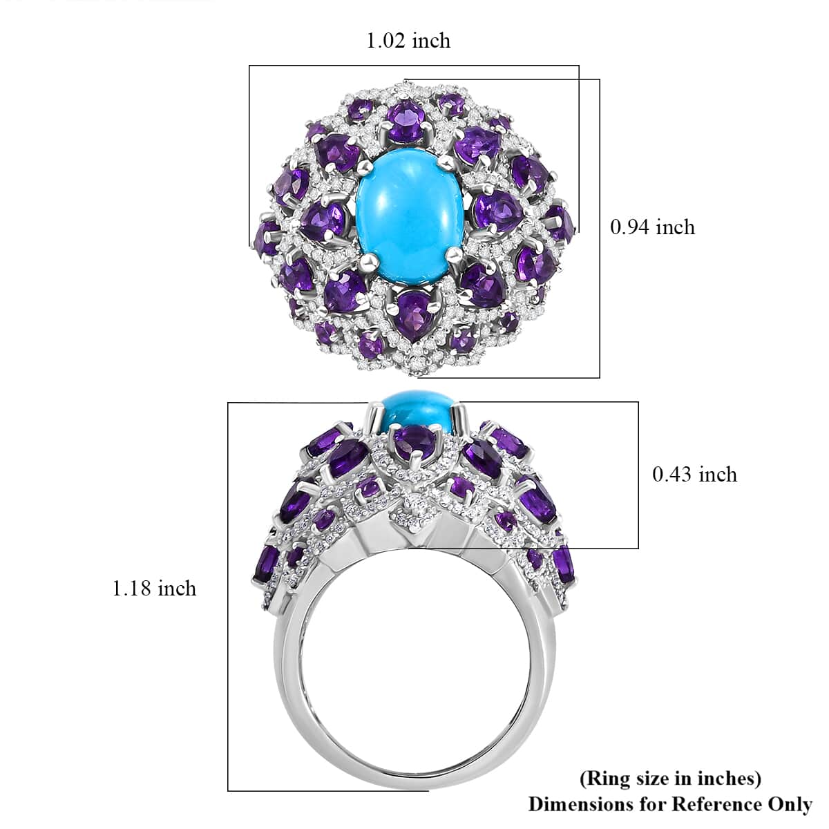 Sleeping Beauty Turquoise and Multi Gemstone 6.40 ctw Lotus Ring in Rhodium Over Sterling Silver (Size 8.0) image number 5