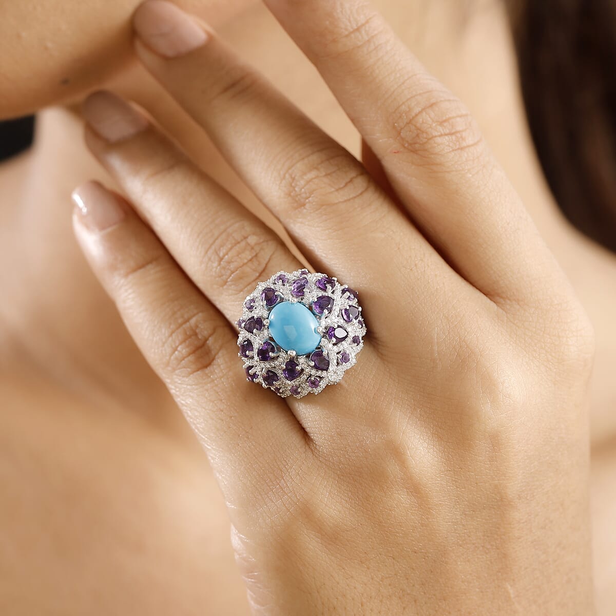 Sleeping Beauty Turquoise and Multi Gemstone 6.40 ctw Lotus Ring in Rhodium Over Sterling Silver (Size 9.0) image number 2