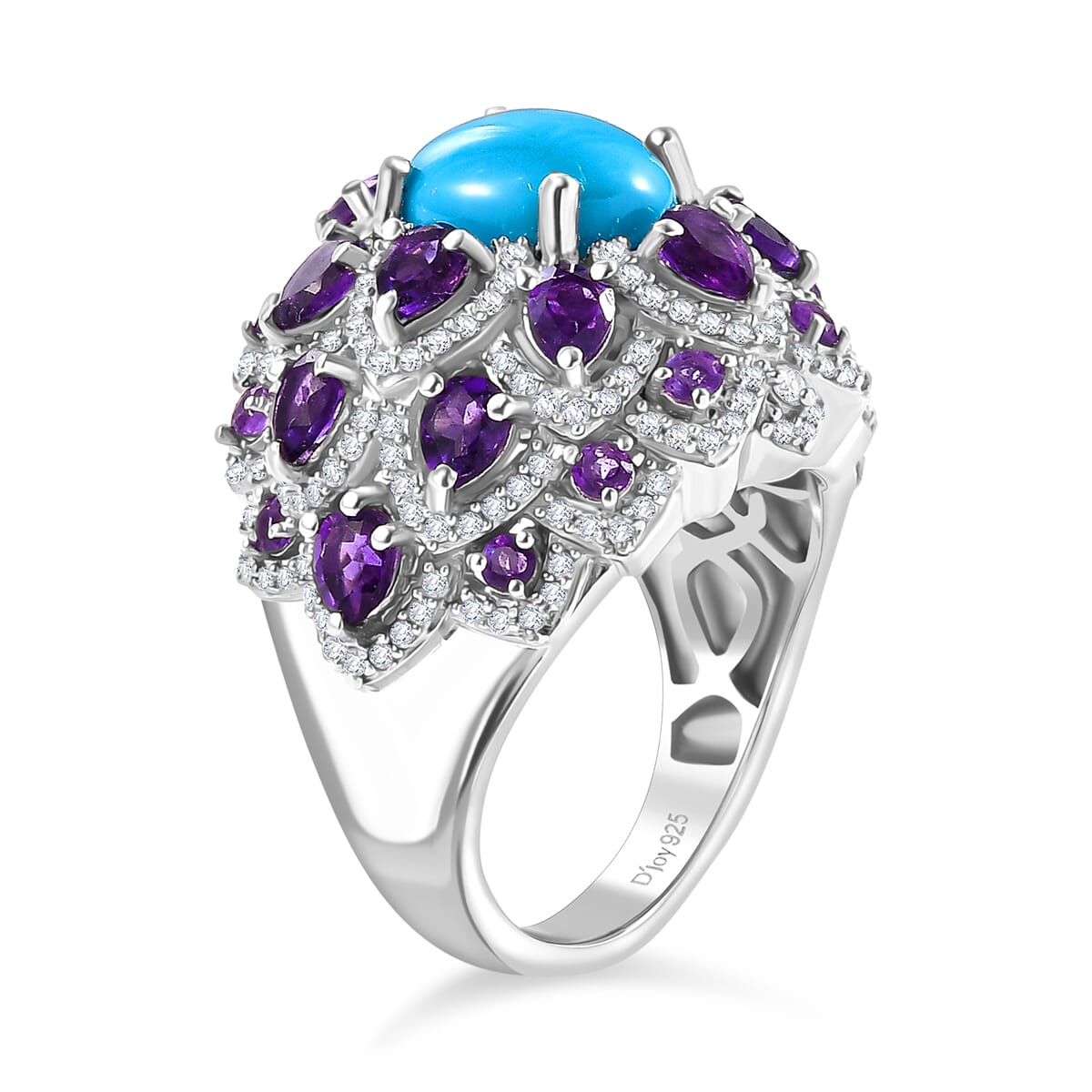 Sleeping Beauty Turquoise and Multi Gemstone 6.40 ctw Lotus Ring in Rhodium Over Sterling Silver (Size 9.0) image number 3